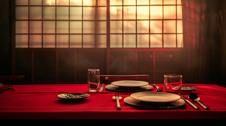 Romantic Dinner Table for Two with Red Cloth and Soft Lightingの素材