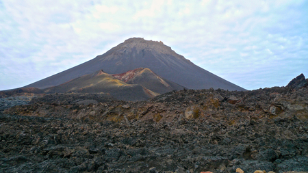 Pico do Fogo volcano and lava fields, Cha das Caldeiras, Sao Filipe, Fogo, Cape Verdeの写真素材