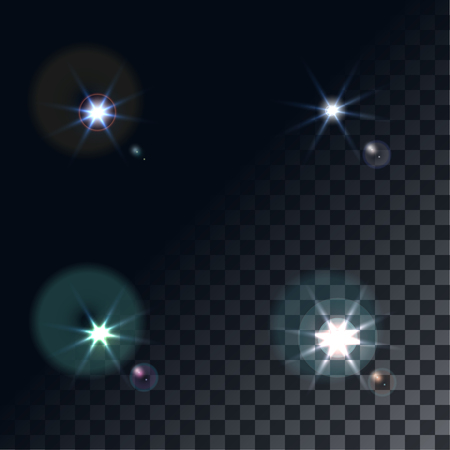 bright flash of light. Star in space. Bright vector shine. realistic len flare beam and flash on transparent background vector illustration. camera flash, flashlight. glowing stars, lights  sparkles.のイラスト素材