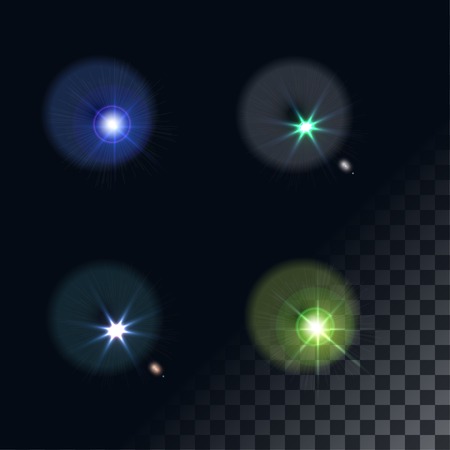 bright flash of light. Star in space. Bright vector shine. realistic len flare beam and flash on transparent background vector illustration. camera flash, flashlight. glowing stars, lights  sparkles.のイラスト素材