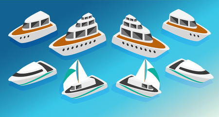 Ships yachts boats  isometric icons set isolated vector illustration. Flat 3d isometric ocean sea nautical water transport logistics concept web infographics vector illustration icon set.のイラスト素材