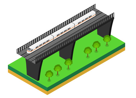Fast Train. Vector isometric illustration of a Fast Train. Vehicles designed to carry large numbers of passengers. Isolated vector of modern high speed train. isometric train on a railway bridgeのイラスト素材