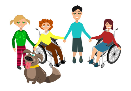 Special needs children with friends, friends and handicapped children. Vector illustration. Funny kids with dogのイラスト素材