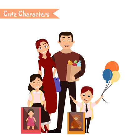 Set of characters and people shopping. Vector illustration of a flat design. Happy family shoppingのイラスト素材