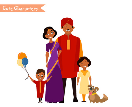 Big happy indian family in national dress isolated vector illustration. Parents and children cartoon characters. Family generations standing togetherのイラスト素材