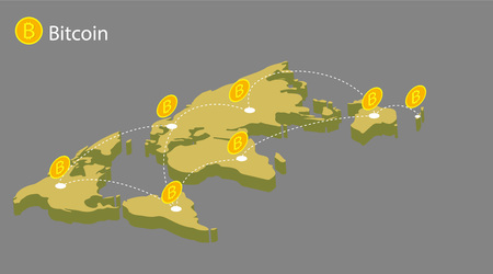Flat modern design concept of cryptocurrency technology, bitcoin exchange, bitcoin mining, mobile banking. World map with coins bitcoin. transfer bitcoin around the worldのイラスト素材