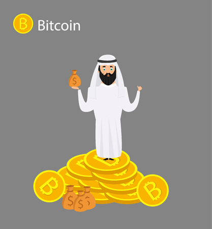 Isometric businessman investor on a stack of bitcoin. The concept for web or infographics vector illustration. Earnings growth mining crypto. Vector illustrationのイラスト素材