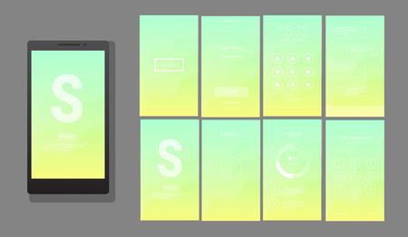 Modern UI, GUI screen vector design for mobile app with UX and flat web icons. Wireframe kit for Lock Screen, Login page, Enter Passcode, Application Loading, Text Messages and Stats Chart.のイラスト素材
