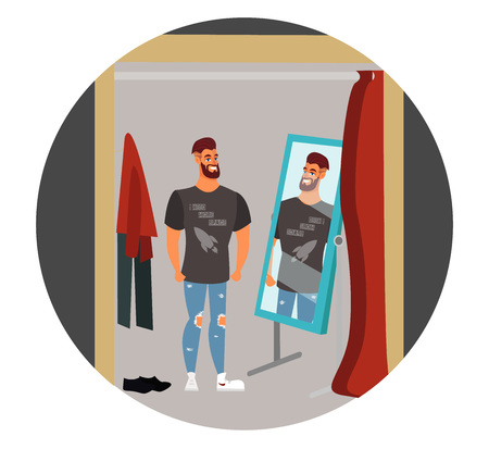 Cool vector hipster man character with beard, guy hipster in the store trying on fashion thingsのイラスト素材
