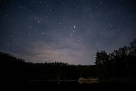Starry night and pond with trees near it. Night skyの写真素材