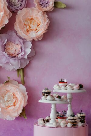 Catering sweets at the pink background with flowers with the place for your text. Dessert. Dessert table. High quality photoの写真素材