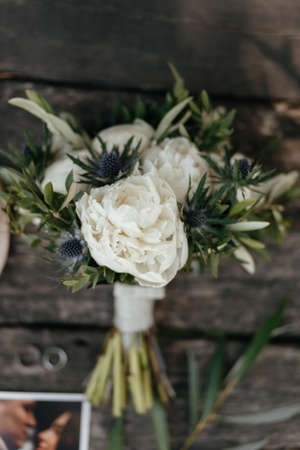 Wedding bouquet of peonies. White peonies. Floral backgroundの写真素材