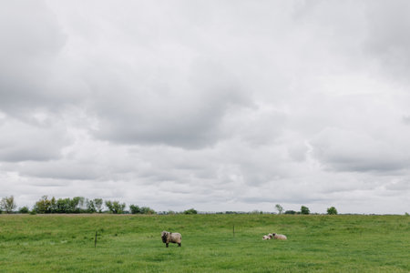 Three fluffy sheep in a grassy field on green grass in cloudy spring weatherの写真素材