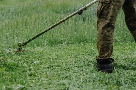 A man mows the grass on the lawn with a lawn mower. Home improvement. Close up.の写真素材