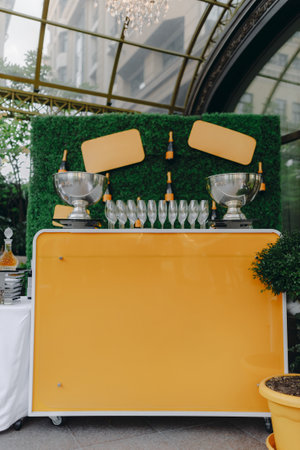 Champagne in glasses in restaurantの写真素材