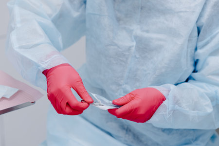 Close up portrait of dentist hands in sterile gloves exposes new tool. Dentist at work.