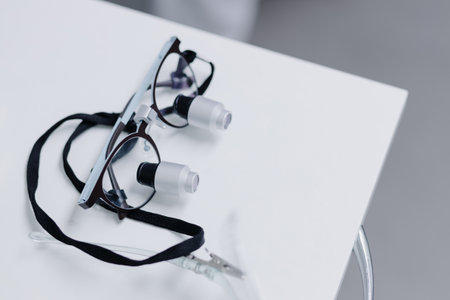 Glasses with magnifying lenses in the dental office on a white tableの写真素材