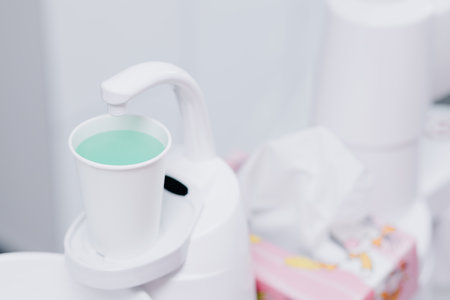 A glass of rinse water in the dentists office. Place for your textの写真素材