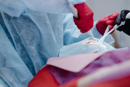 Close up of hands of female dentists treating a patients teeth. Side viewの写真素材