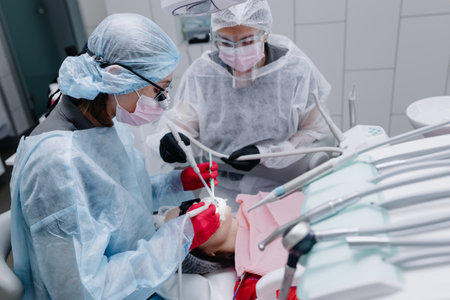 Female dentists during the procedure of brushing the patients teeth in the dental officeの写真素材