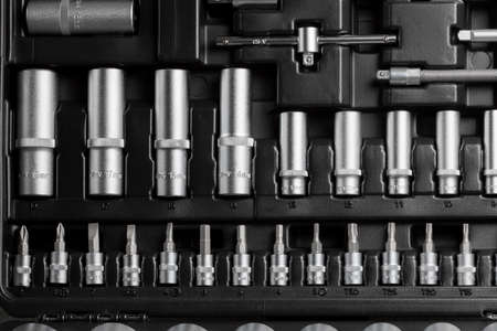 A large set of tools in a black box close-up