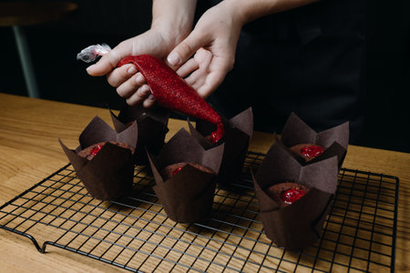 the process of filling chocolate cupcakes with jam.