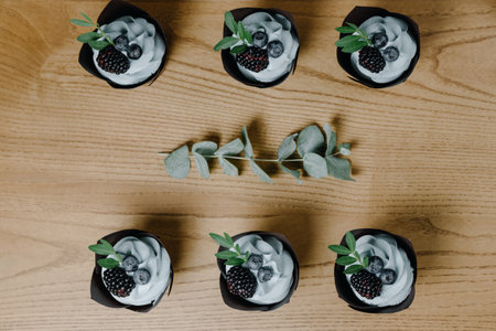 Top view of set of chocolate cupcakes with berries on table and decorative branch.の写真素材