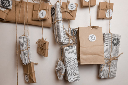advent calendar with small gifts close upの写真素材