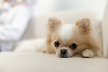 A beautiful little chihuahua dog is lying, resting, looking at the camera while sitting on the sofa at homeの写真素材