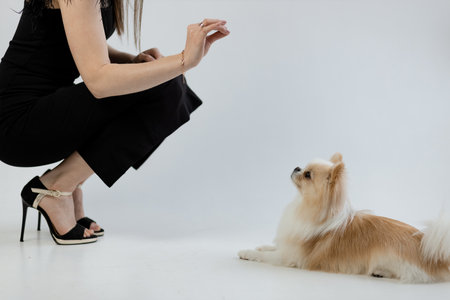 A young girl in a black dress and black shoes is sitting and showing a command to a purebred chihuahua on a white backgroundの写真素材