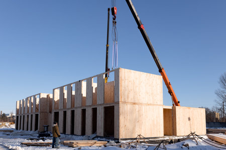 The construction process of a new and modern modular house made of composite sip panels on a sunny winter day.の写真素材
