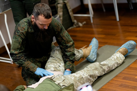 A 40-year-old bearded military medic demonstrates how to pack a wound to stop bleeding. Pre-medical training coursesの写真素材