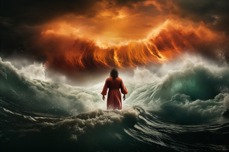 Biblical concept art. jesus walking on water across stormy sea amidst tempestuous conditionsの素材