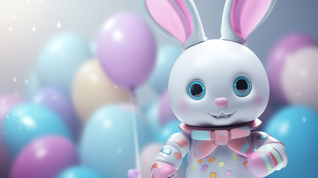 A cute bunny with big eyes and a bow tie, surrounded by vibrant balloons, evoking a sense of celebration and joy.の素材