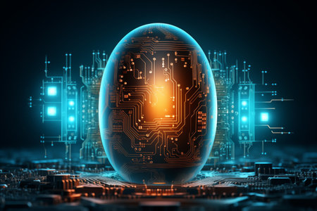 An abstract and futuristic composition featuring an intricate glowing digital egg-shaped sphere positioned on top of illuminated circuit boards, creating a mesmerizing technological displayの素材