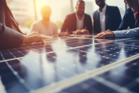 A group of professionals discussing over solar panels, showcasing a collaborative effort in renewable energy solutions.の素材