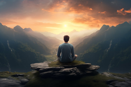 A person sits in meditation on a rock, overlooking a serene valley as the sun rises amidst majestic mountains.の素材