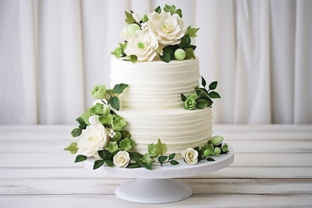 A stunning three-tiered wedding cake, beautifully adorned with intricate white flowers and green leaves, set against a soft, elegant backdrop.の素材