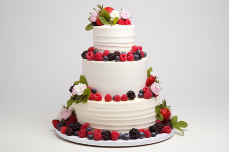 A stunning white cake, gracefully decorated with an assortment of fresh berries and delicate flowers, exuding elegance and taste.の素材