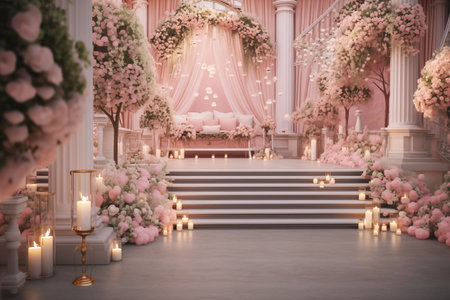 A breathtaking wedding venue, illuminated by soft lighting, showcasing an aisle lined with candles, surrounded by pink and white flowers.の素材
