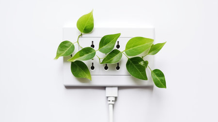 A white wall outlet with green plant leaves sprouting, symbolizing eco-friendly energy. A plugged-in cable is visible.の素材