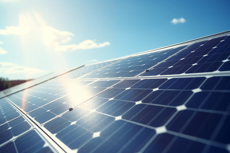 Solar panels gleaming under the bright sun with a clear blue sky in the background, showcasing renewable energy.の素材