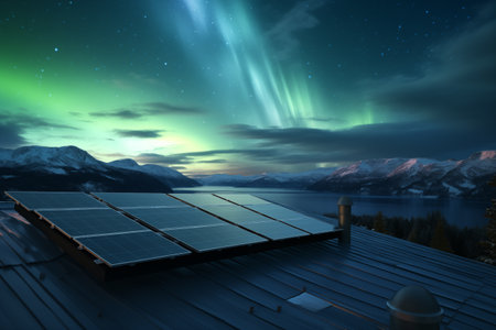 Solar panels on a roof against a backdrop of snowy mountains and the stunning Aurora Borealis lighting up the night sky.の素材