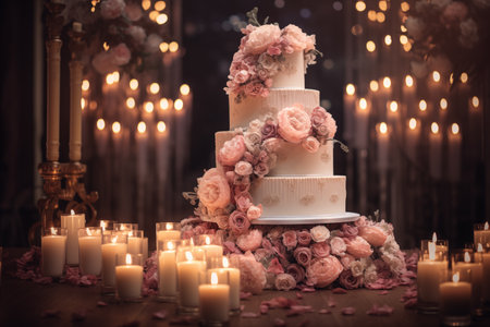 A stunning three-tiered wedding cake, decorated with delicate pink roses, surrounded by a serene ambiance of soft candlelight.の素材