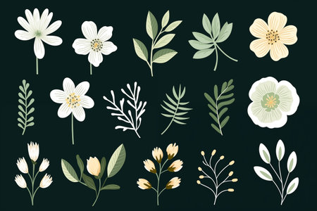 A beautiful array of hand-drawn flowers and leaves set against a dark background, showcasing artistic elegance.の素材