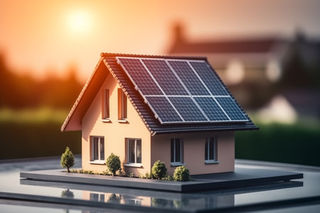 A model home with solar panels on the roof, showcasing modern, sustainable living, bathed in the warm glow of a sunset.の素材
