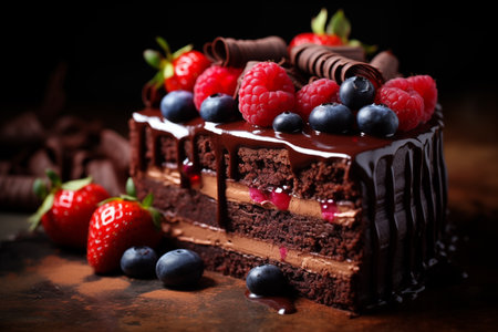 A luscious slice of chocolate cake, layered with cream, topped with fresh berries, and drizzled with glossy chocolate sauce.の素材