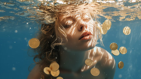 A person underwater surrounded by floating golden coins, illuminated by natural light.の素材