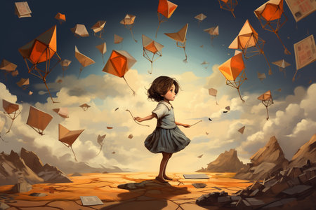 A child stands on cracked ground, surrounded by flying kites and papers, under a cloudy sky creating a dreamy atmosphere.の素材