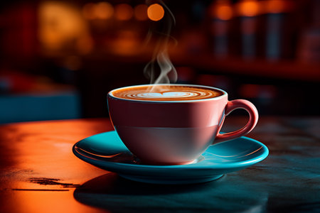 A warm cup of coffee with intricate latte art, placed on a table, exuding comfort and warmth in a cozy cafe settingの素材